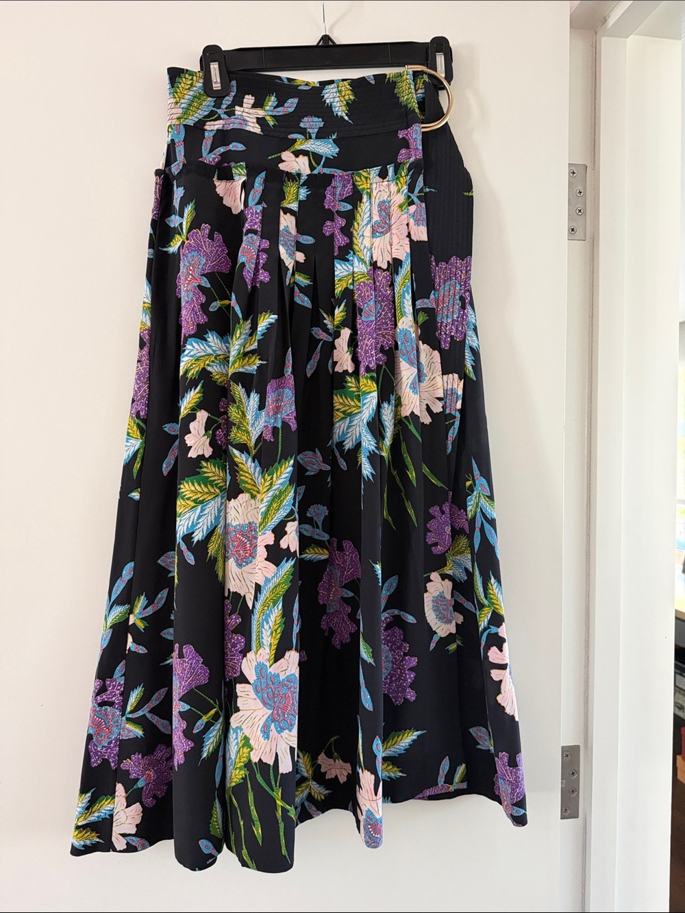 Diane Von Furstenberg Black Floral A-Line Skirt with Purple & Pink Accents